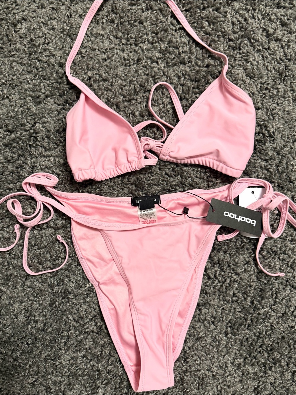 Boohoo Soft Pink Tie-Side Triangle Bikini